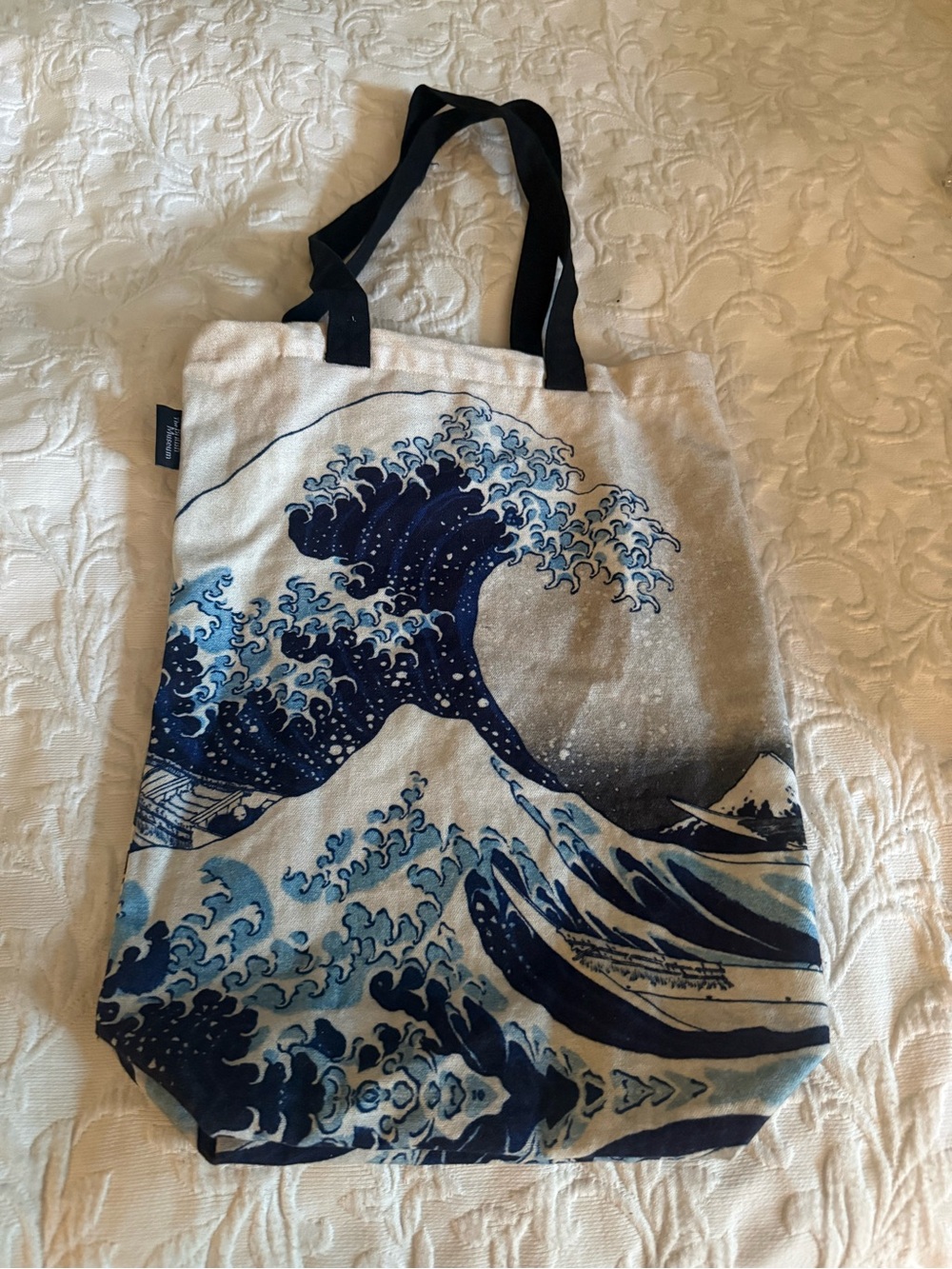 Canvas Tote Bag with Great Wave Art - Blue/White